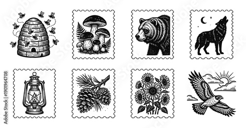 Vintage Linocut Nature and Wilderness Postage Stamp Collection for Rustic Scrapbooking and Outdoorsy Stationery