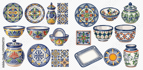 Set of colorful Talavera pottery and ceramic tiles with traditional Mexican patterns and designs.