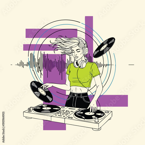 Female DJ with Headphones Mixing Music on Turntables.