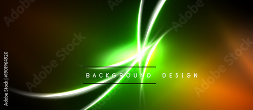 Abstract design features vibrant green, orange gradients. Smooth lines create dynamic visual effect. Dark background emphasizes bright colors.
