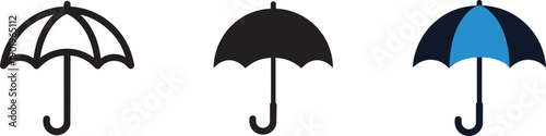Umbrella icon set including line art silhouette and colored striped versions for weather design
