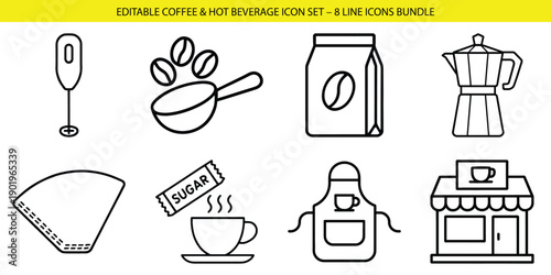 Editable coffee and hobbies icon set with eight line icons