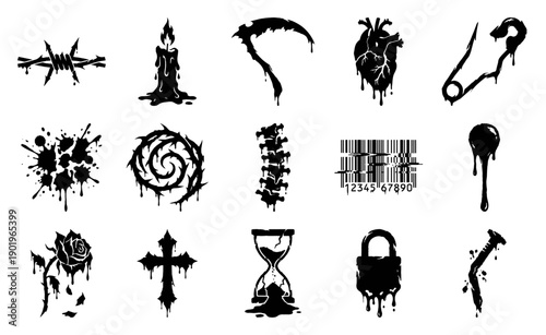 Dark Aesthetic Cyberpunk Grunge Tattoo Graphic Set for Alternative Edgy Apparel Design