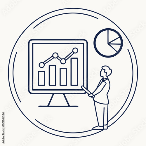 Business analytics presentation, man showing growth charts and pie chart