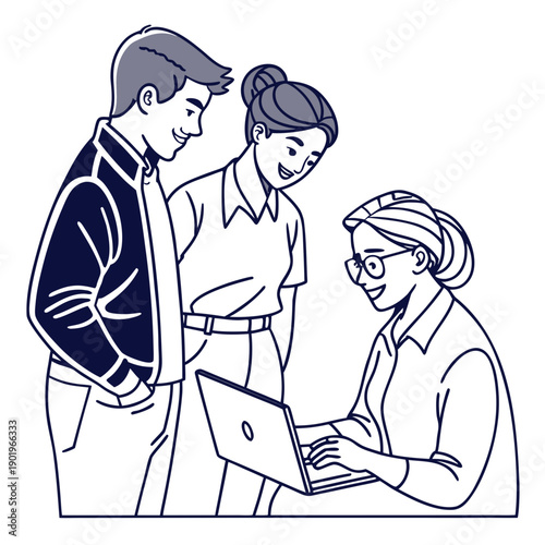 Teamwork Collaboration with Laptop, Diverse Colleagues Discussing Project, Modern Office Scene