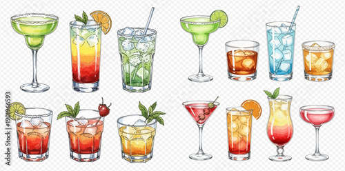 Set of refreshing alcoholic and non-alcoholic cocktails with ice, garnishes, and vibrant colors, perfect for summer drinks and party illustrations.