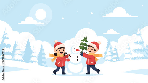 Joyful children happily build a charming snowman and decorate a small Christmas tree in a picturesque snowy landscape, embodying festive winter fun and holiday spirit.