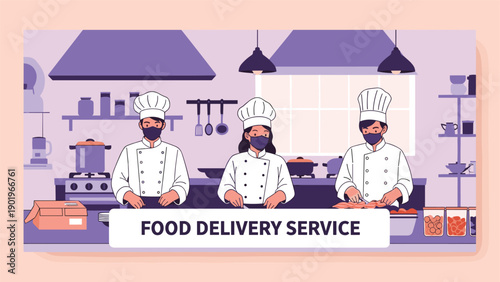 Professional chefs, wearing protective masks, diligently prepare fresh food in a modern commercial kitchen, ready for an efficient and hygienic food delivery service.