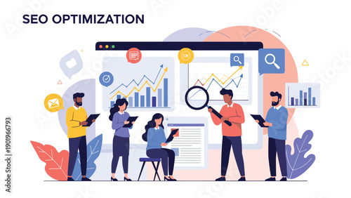Diverse team of digital marketing professionals collaborates on SEO optimization, analyzing data charts with a magnifying glass and search elements, driving online visibility and business growth.