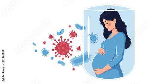 Pregnant woman safely enclosed within a protective shield, guarded from surrounding viruses and bacteria, symbolizing crucial immune system protection and maternal health during pregnancy.