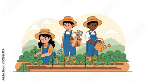 Cheerful children farmers diligently plant young seedlings and carefully water plants in a vibrant garden, showcasing agricultural activities and the joy of nature.