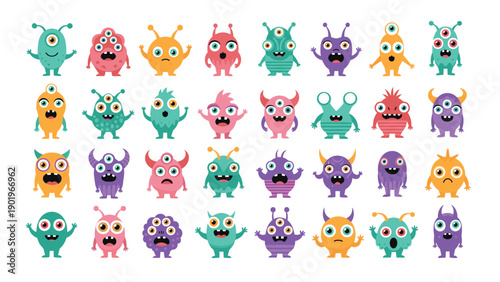 Diverse set of vibrant, colorful, and adorable monster characters, each with unique features and expressions, perfect for children's games, animations, or playful designs.