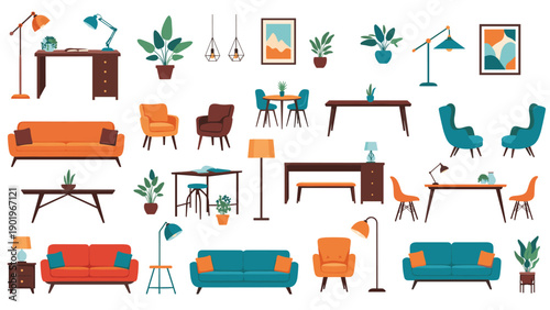 Extensive collection of modern home furniture elements including various sofas, chairs, tables, lamps, and potted plants for interior design.