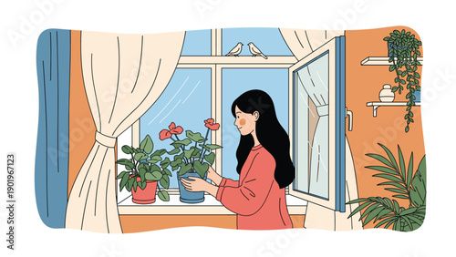 Young woman happily caring for her vibrant houseplants by an open window, with two birds perched peacefully on the sill.