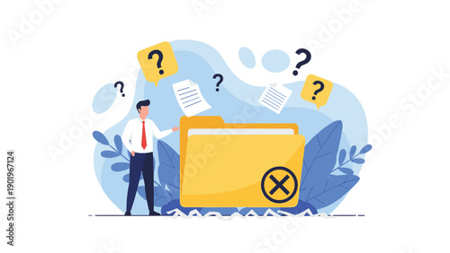 Confused businessman standing near a large folder with a cross mark, surrounded by question marks and scattered papers, symbolizing data loss.