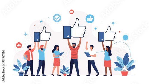 Diverse group of happy individuals raising large thumbs-up icons, symbolizing positive feedback, social media approval, and customer satisfaction.