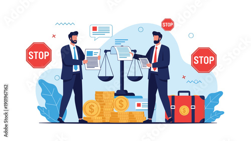 Two businessmen engaged in a legal dispute, with a large balance scale, stacks of money, documents, and red stop signs.