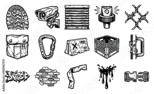 Gritty Hand-Drawn Woodcut Urban Exploration Graphic Element Kit for Street Culture Design