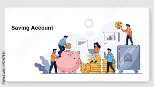 Diverse group of people interacting with a large piggy bank, coins, and a safe, illustrating concepts of saving accounts and financial security.