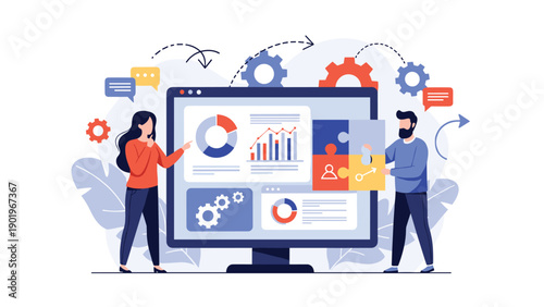 Two business professionals collaboratively analyzing data on a large computer screen displaying various charts, graphs, and puzzle pieces.