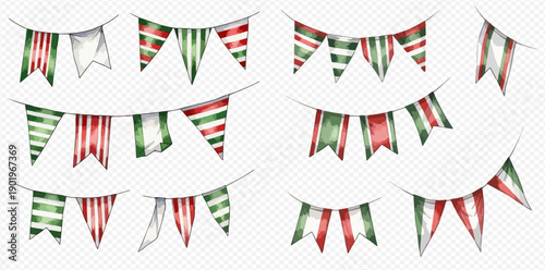 Watercolor Christmas bunting flags in red, green, and white for festive decoration.