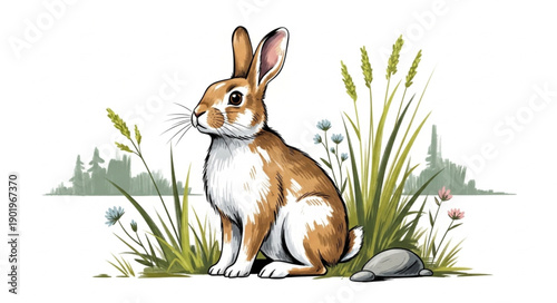 Brown rabbit sitting in tall grass with small flowers and trees in background.