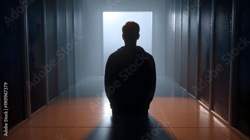 Wallpaper Mural A lone silhouette sits in a dark misty hallway facing a bright light at the distant end Torontodigital.ca