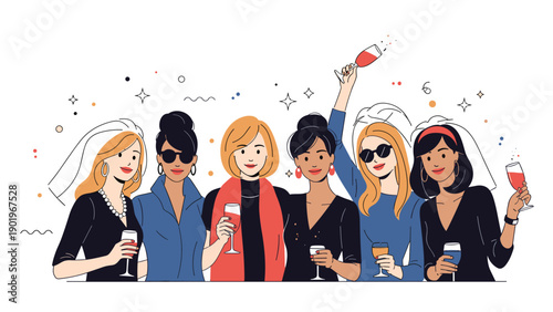 Joyful group of diverse women celebrating a special occasion with wine glasses and playful veils, likely a bachelorette party.