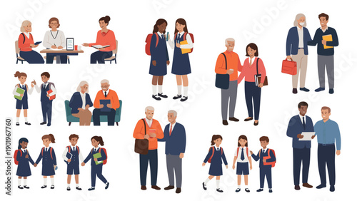 Comprehensive set of illustrations depicting students and adults in various school-related and family contexts, emphasizing education and intergenerational interaction.