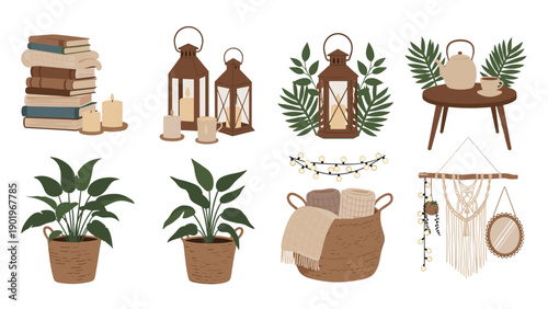 Charming collection of cozy home decor elements, including stacked books, glowing candles, elegant lanterns, and lush houseplants.