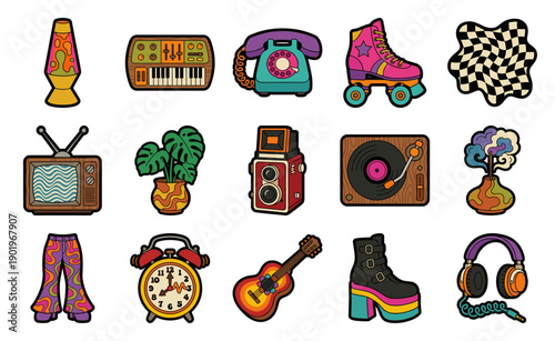 Retro Groovy 1970s Nostalgia Element Kit for Vintage Lifestyle Branding and Digital Scrapbooking