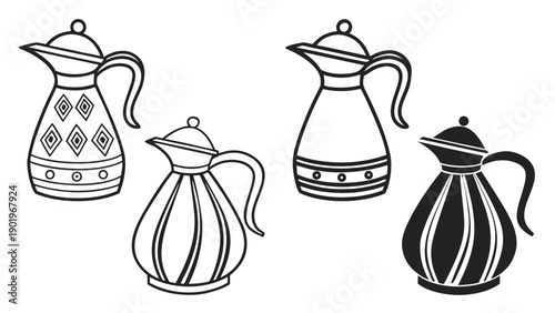 Minimal Pitcher Jug Icon Set Black and White Vector