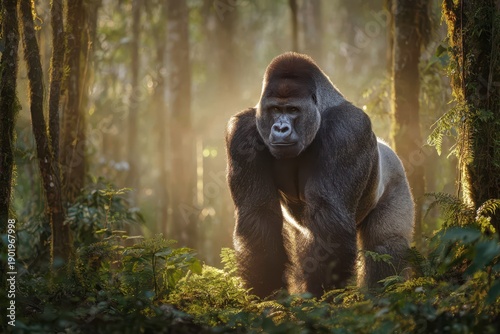 Wildlife portrait of a silverback gorilla, alert stance amid sun-dappled foliage
