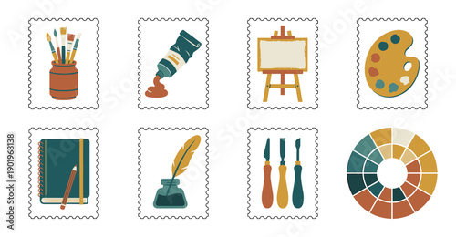 Retro Textured Art Studio Supplies Postage Stamp Collection for Creative Branding and Stationery Design