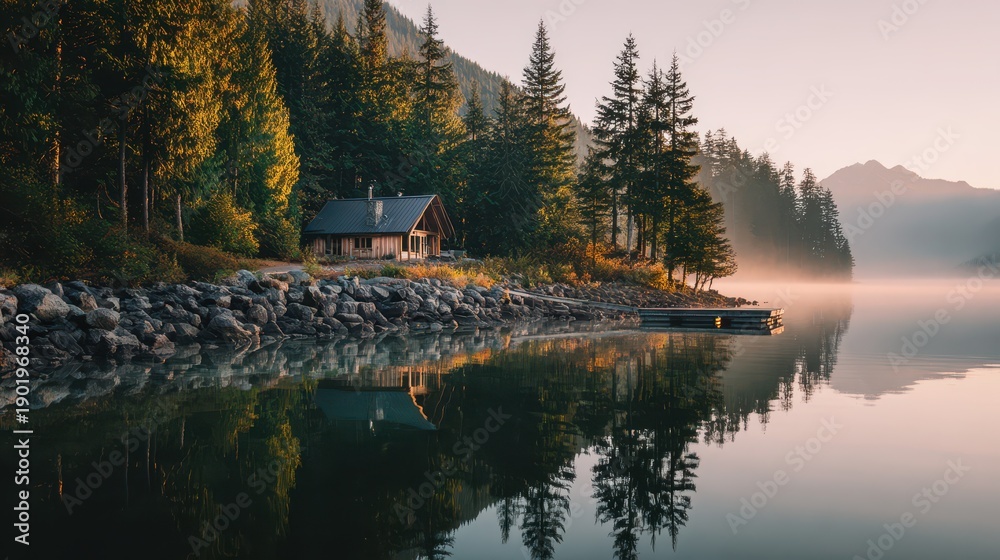 Obraz premium Woodland lakeside dwelling framed by tall trees, serene water surface and warm sunlight