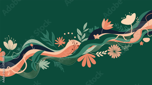 Abstract floral design featuring elegant flowing lines, colorful flowers, and leaves on a rich dark green background.