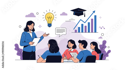 Energetic woman teacher presenting to an attentive group of students, with lightbulb and growth chart icons symbolizing education and development.
