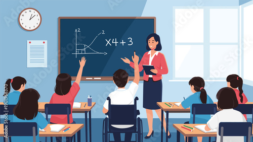 Dedicated teacher actively instructing a diverse group of elementary students in an inclusive classroom, explaining mathematics on the chalkboard.