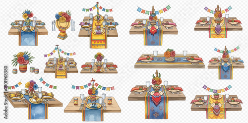 Set of watercolor illustrations of traditional Tibetan Buddhist offerings and ceremonial tables with food and decorations.