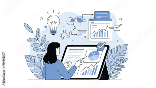 Woman meticulously analyzing business data and charts on a digital tablet, with a lightbulb and other icons, representing insightful analytics.