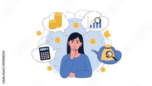 Thoughtful woman pondering various financial concepts, including money, growth charts, and calculations in her thought bubbles.