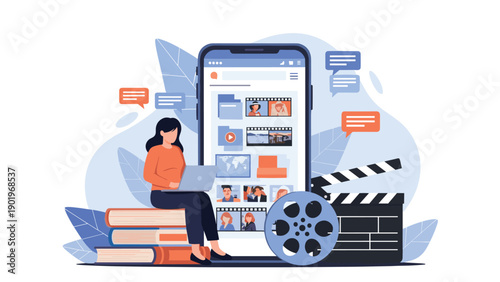 Focused woman working on a laptop while sitting on stacked books, with a large smartphone displaying various video content.