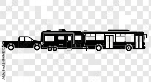 Black Silhouette of a Pickup Truck Towing a Large Fifth Wheel RV.