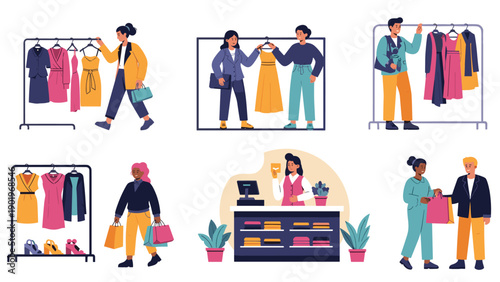 Diverse collection of illustrations depicting people happily shopping for clothes in various retail scenarios, from boutiques to department stores.