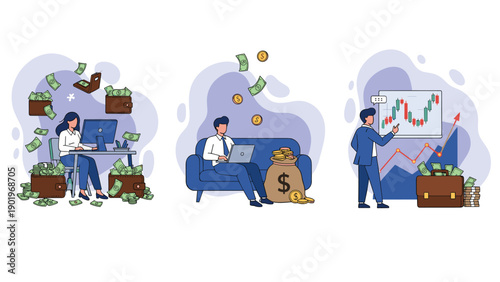 Various individuals engage in financial activities, including online earning, wealth management, and stock market analysis, illustrating diverse ways to generate and grow income.