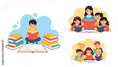 Diverse scenes of children and adults engaged in reading, including a boy reading independently, a teacher instructing, and a group learning together, fostering literacy and education.