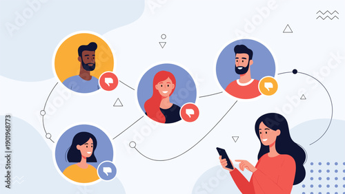 Woman engages with her mobile phone, surrounded by interconnected avatars displaying thumbs down icons, symbolizing negative social media feedback or dislike in a digital network.