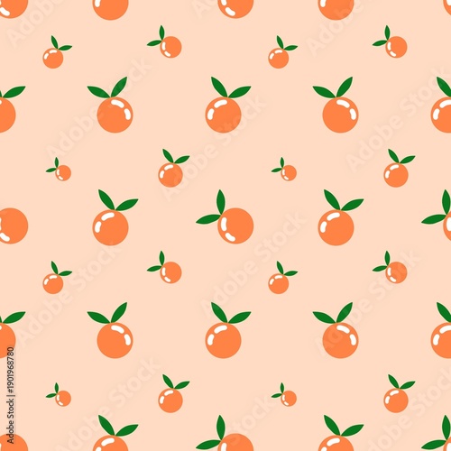 Seamless orange fruit pattern on peach background, cute citrus summer vector illustration for textile, wallpaper, wrapping paper, fashion print, and nursery decor in minimalist flat style