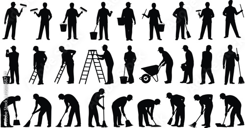 Large Set of Black Silhouettes Featuring Professional Workers Including Cleaners With Mops Painters With Rollers and Laborers Using Ladders and Wheelbarrows for Industrial Design