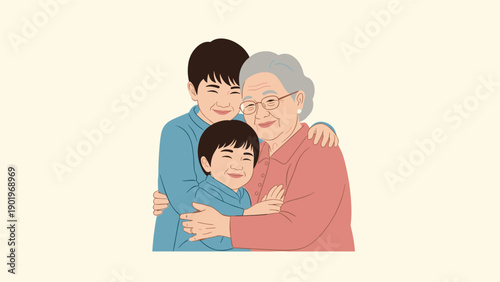 Elderly woman embraces two smiling young children with warmth and affection, beautifully illustrating the profound bond of intergenerational family love and compassionate care.
